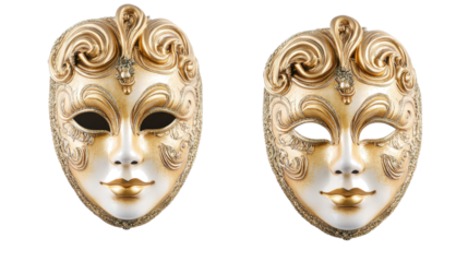 Elegant Golden Carnival Masks Isolated on Transparent Background Generative AI