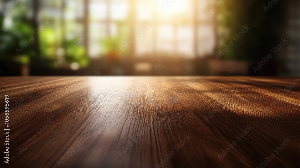 Poster smooth brown wooden table with a polished surface featuring a blurred background enhanced by sunligh