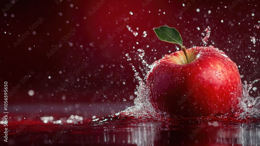 Poster vibrant composition featuring fresh red apple immersed in water creating dynamic splashes against a 