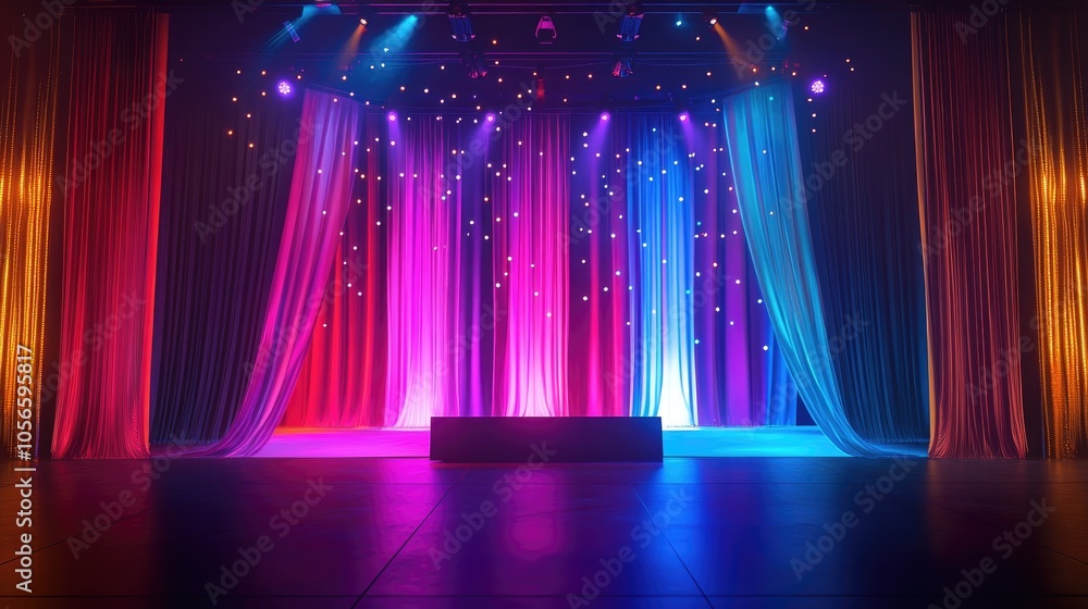 Poster vibrant stage setup featuring illuminated lights and curtains perfect for a festive atmosphere with 