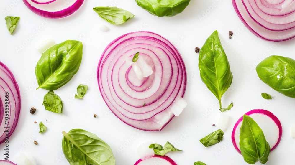 Poster sliced onion radish basil and lettuce arranged in a top view on a white background