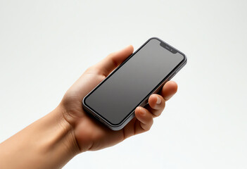 hand holding smart phone mockup isolated on white background