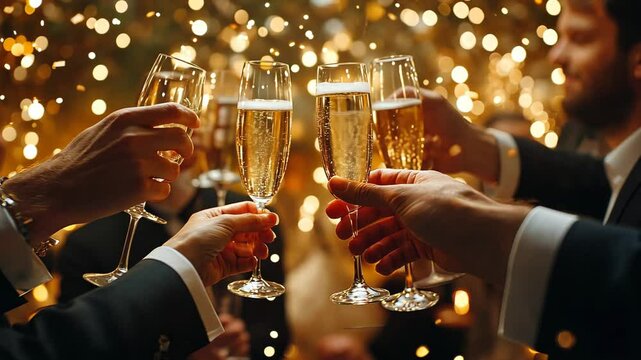 Elegant New Yearâ€™s Eve party with guests dressed in formal attire, toasting with champagne under sparkling decorations and confetti. . Video