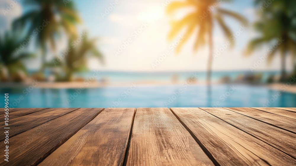 Poster empty wooden tabletop with a blurred background featuring a tropical pool palm trees and ocean ideal