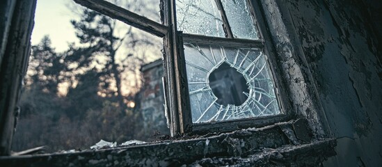 Naklejka premium Creepy Broken Window In An Old Empty House