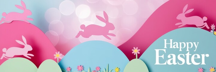 Easter greeting card. Pink silhouettes of bunnies hopping across pastel hills with the text Happy Easter. Website banner