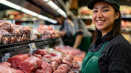 This butcher assistant smiles while organizing various cuts of meat in a busy market.
