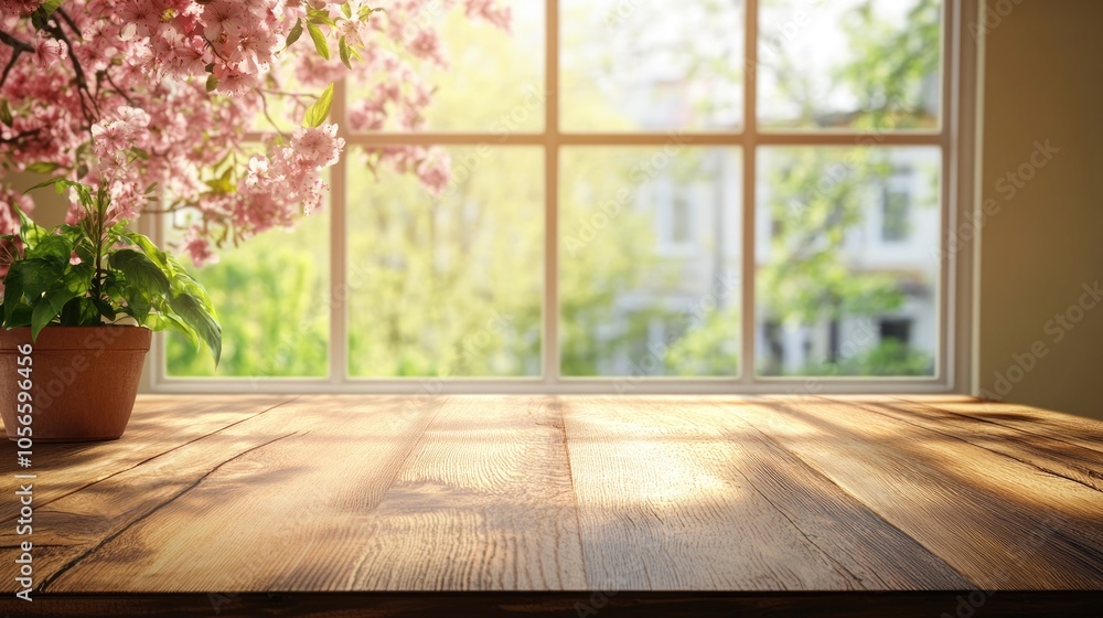 Poster wooden table with a lovely spring window backdrop featuring ample space for text or graphics