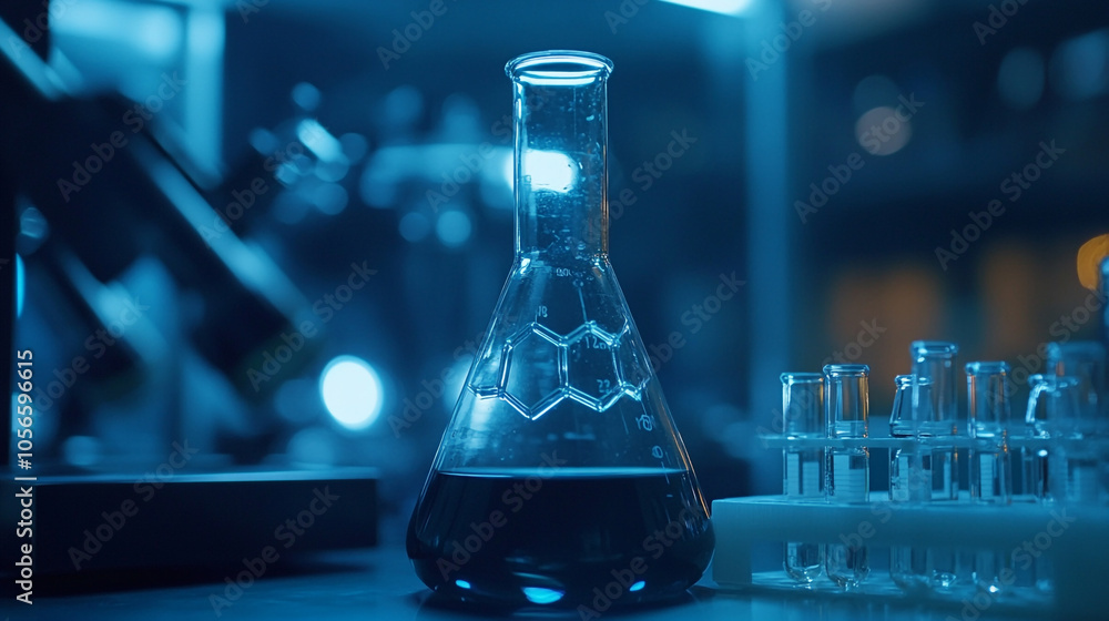Poster laboratory experiment with blue lighting showcasing a conical flask filled with liquid