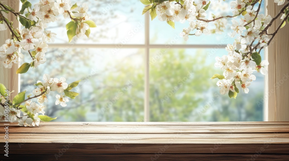 Poster wooden table with a lovely spring window backdrop featuring ample space for text or graphics