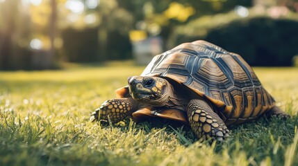A tortoise is inverted on the grass attempting to right itself after falling over
