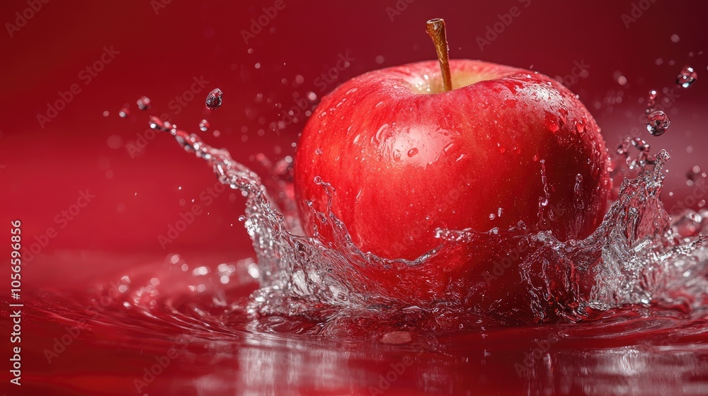 Poster vibrant composition featuring fresh red apple immersed in water creating dynamic splashes against a 