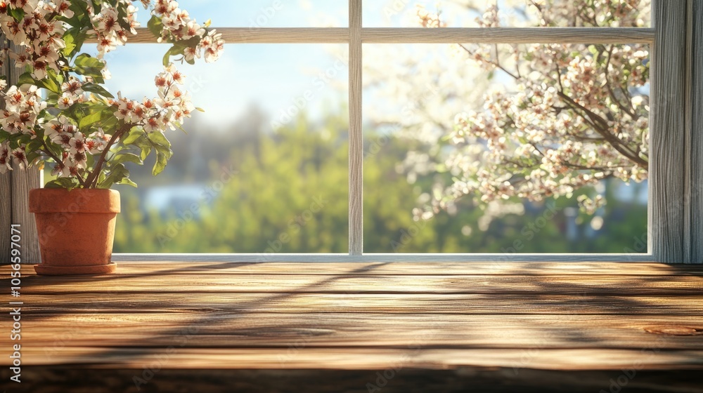 Poster wooden table with a lovely spring window backdrop featuring ample space for text or graphics