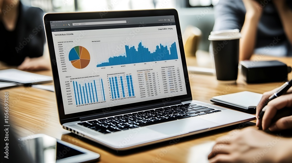 Poster laptop screen displaying 2025 business strategy document with data analytics graphs in modern