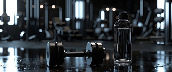 Fitness and healthy lifestyle. black dumbbells, and a bottle of water on the gray concrete floor...