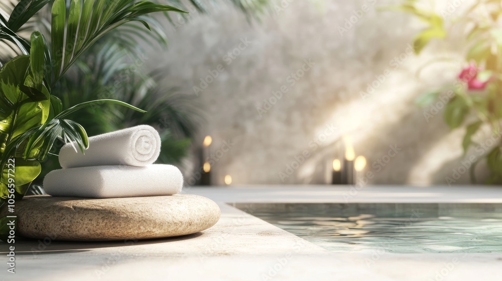 Poster a rock sits in front of a pool with three white towels on top of it. the towels are folded and place