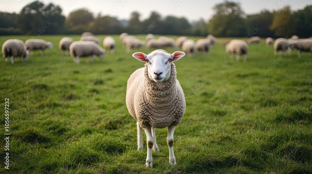 Poster sheep grazing in a meadow with one sheep facing the camera while the rest of the herd is visible in 