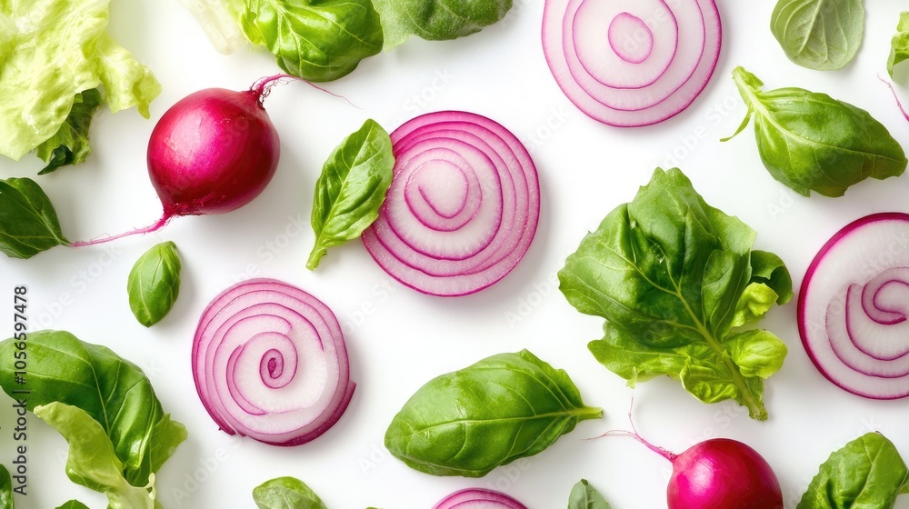 Poster sliced onion radish basil and lettuce arranged in a top view on a white background