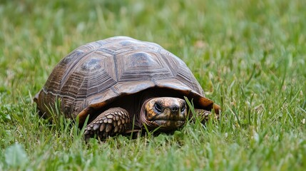 Fototapeta premium A tortoise is inverted on the grass attempting to right itself after falling over