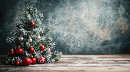 Christmas themed backdrop featuring a fir tree and decorations on a wooden surface with ample empty space