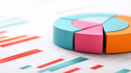 Colorful pie chart on a graph background, representing data analysis and presentation for business and finance.