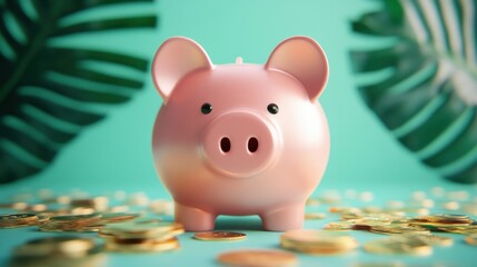 Cute piggy bank surrounded by coins and tropical leaves, symbolizing savings and financial growth in a vibrant setting.