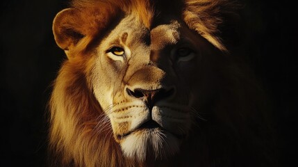 Close up portrait of a majestic lion captured through macro photography against a dark backdrop