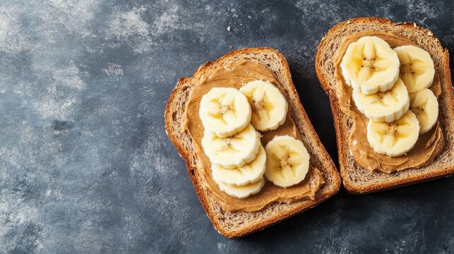 Delicious peanut butter toast topped with fresh banana slices on whole grain bread, perfect for breakfast or snack.