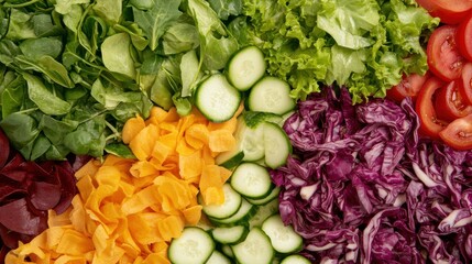 Fresh assortment of colorful vegetables arranged neatly, perfect for salads or healthy recipes, showcasing vibrant natural colors.