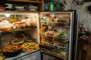 fridge overloaded with leftovers in mismatched containers