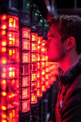 Fototapeta premium A Man Standing Near A Wall Of Red LED Lights