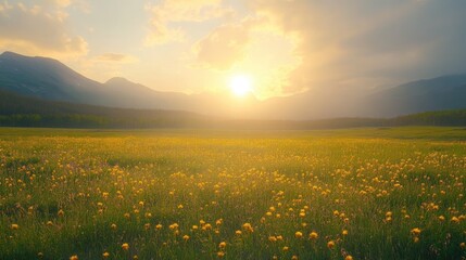 Obraz premium Sunrise above a mountain meadow or plateau