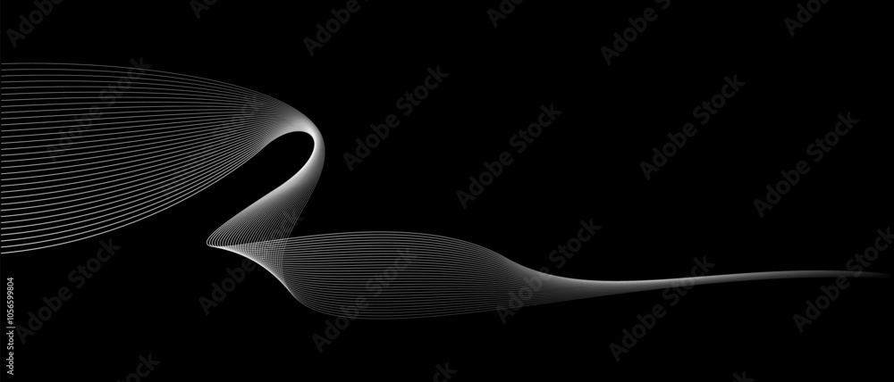 Poster Abstract vector wavy lines flowing smooth curve white grey light color on black background in concept of luxury, technology, science, music, modern.