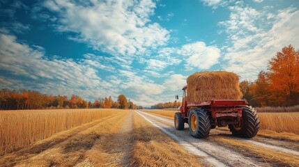 Naklejka premium Hayride on country road. A cart with hay bales on a mown meadow. Haymaking in the village. Rural landscape, blue sky, grass.