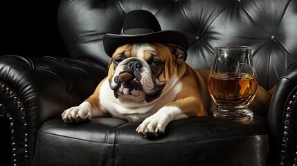 A bulldog relaxes on a luxurious black leather sofa donning a fashionable hat and puffing a cigar accompanied by a glass of brandy