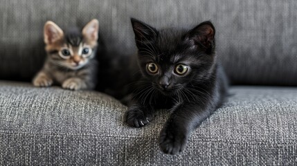 Black cat claws at grey fabric sofa with playful kitten nearby Tips on training your cat to avoid scratching furniture Safeguard your upholstery from feline damage