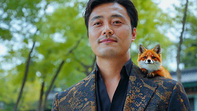 kitsune man, young Japanese man with small mini fox on his shoulder