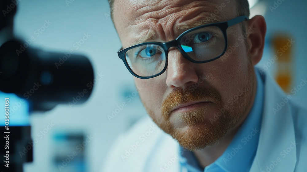 Poster scientist examining specimen under microscope in laboratory setting during daytime work hours