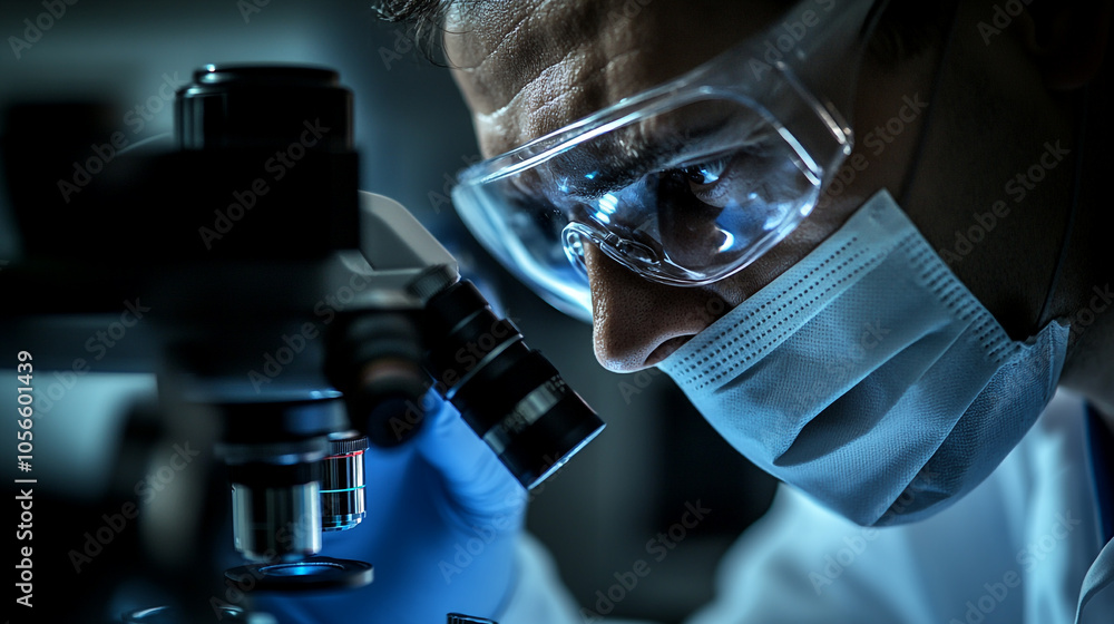 Poster a scientist examines a specimen under a microscope in a laboratory setting at night