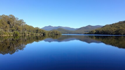 Tranquil Lake with Mountain Reflections in Clear Sky