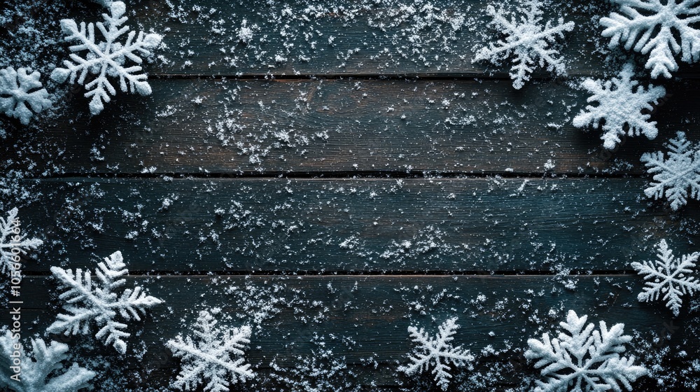 Poster winter backdrop featuring a snow frame adorned with snowflakes set against a rustic dark wooden surf