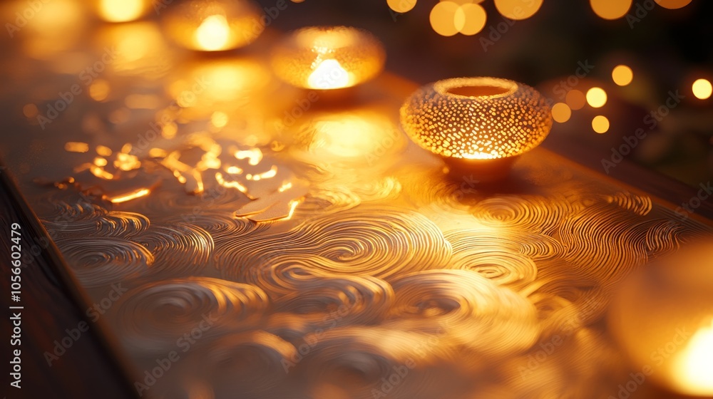 Poster a serene display of glowing candles on a textured surface, creating a warm and inviting ambiance wit