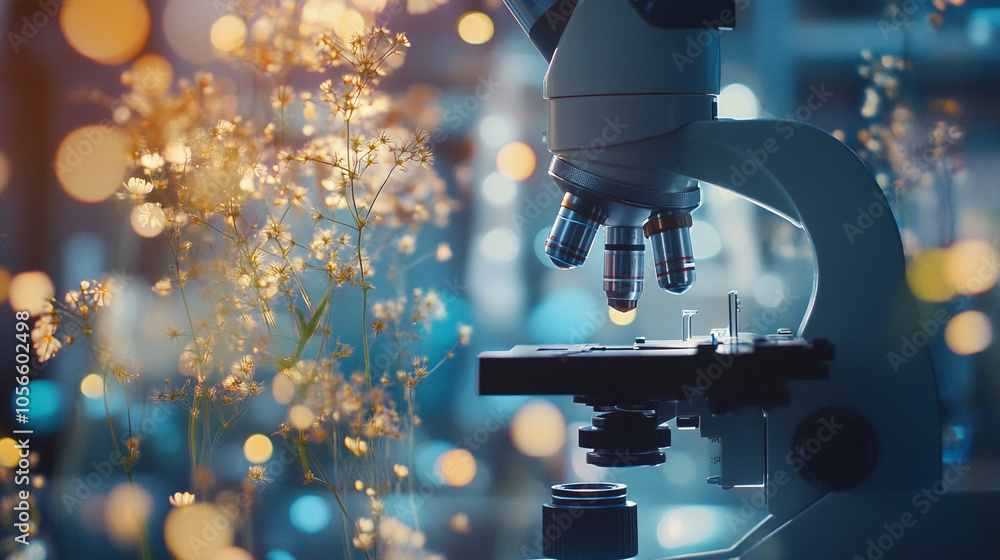 Poster microscope surrounded by delicate flowers in a laboratory setting during evening hours
