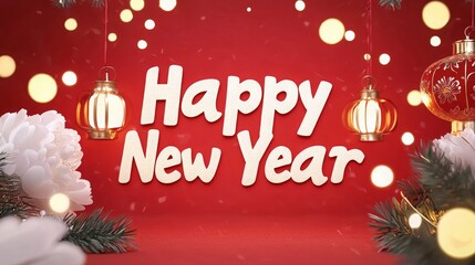 A festive New Year greeting against a vibrant red background, featuring decorative lanterns and glowing orbs, perfect for celebration visuals.