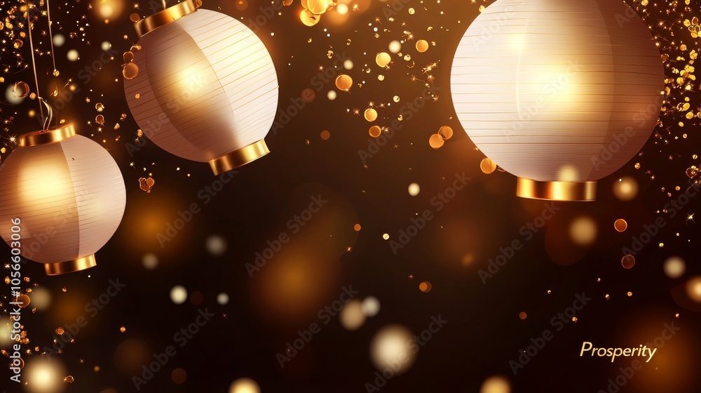 Poster elegant paper lanterns glow against a dark background, surrounded by shimmering golden bokeh, creati