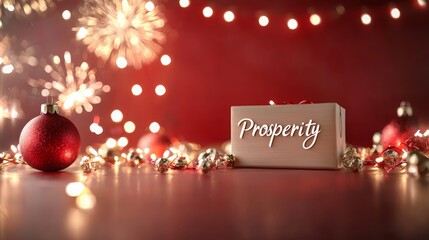 A festive display featuring a box labeled "Prosperity," surrounded by decorative ornaments and glowing lights against a red backdrop.