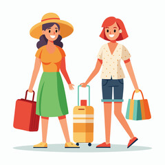 vector women in summer clothes with travel bag