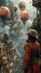Obraz premium Steampunk Cityscape with Hot Air Balloons and a Mysterious Figure