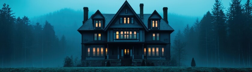 Eerie mansion illuminated at night, surrounded by misty forest, evokes a haunting atmosphere.
