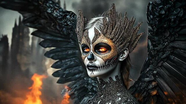 dark fantasy evil angel with black wings, burning hell as background	
